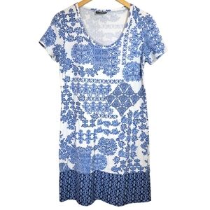 Tommy Bahama Tshirt Dress Sz S Blue Tile Print Resortwear Vacation Boho Travel